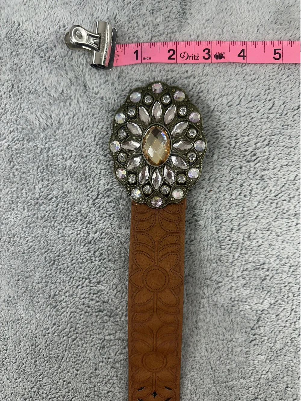 Brown Faux Leather Belt with Crystal Buckle